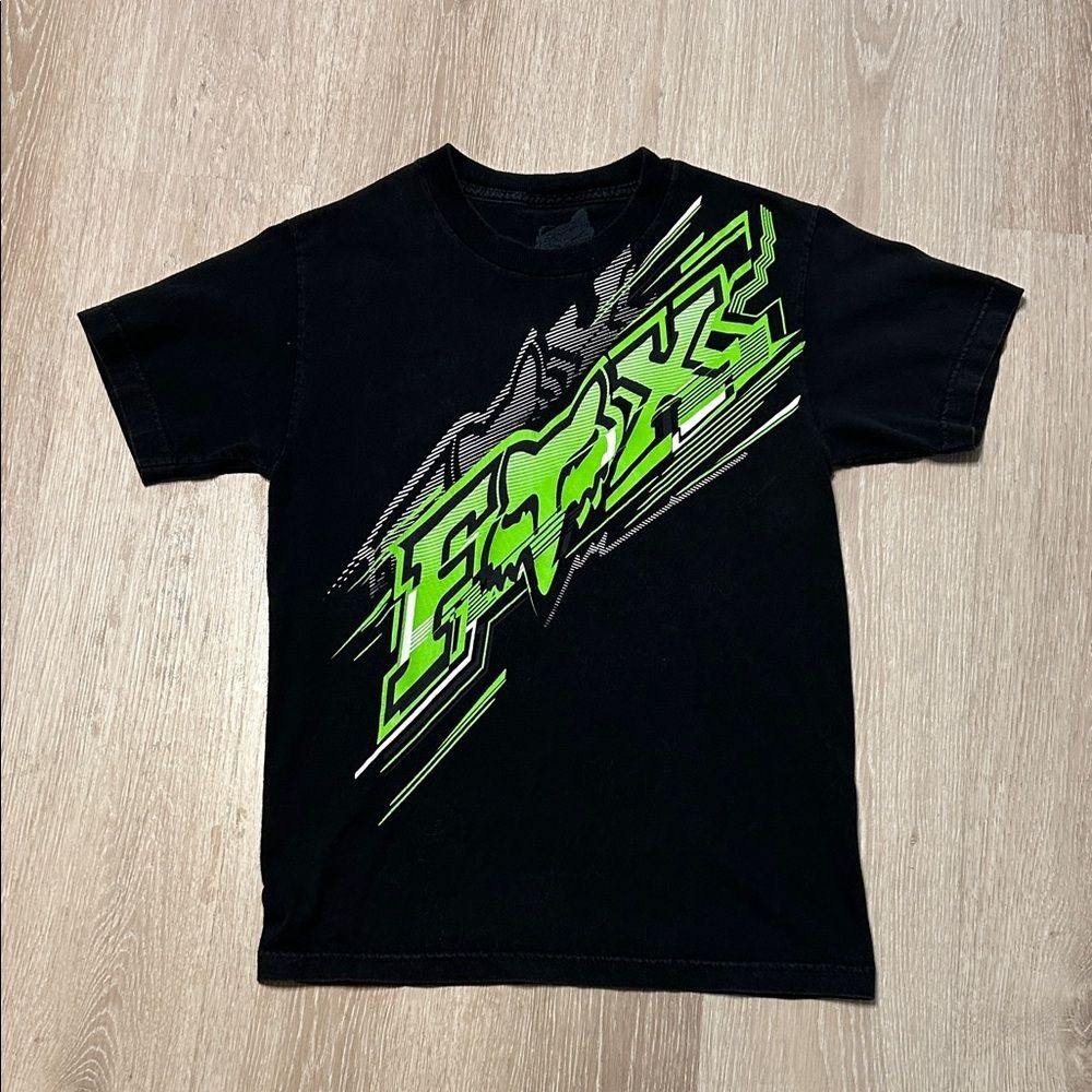 Fox  Racing Vintage Black Tee with Neon Green Logo Graphic Design Sz Small